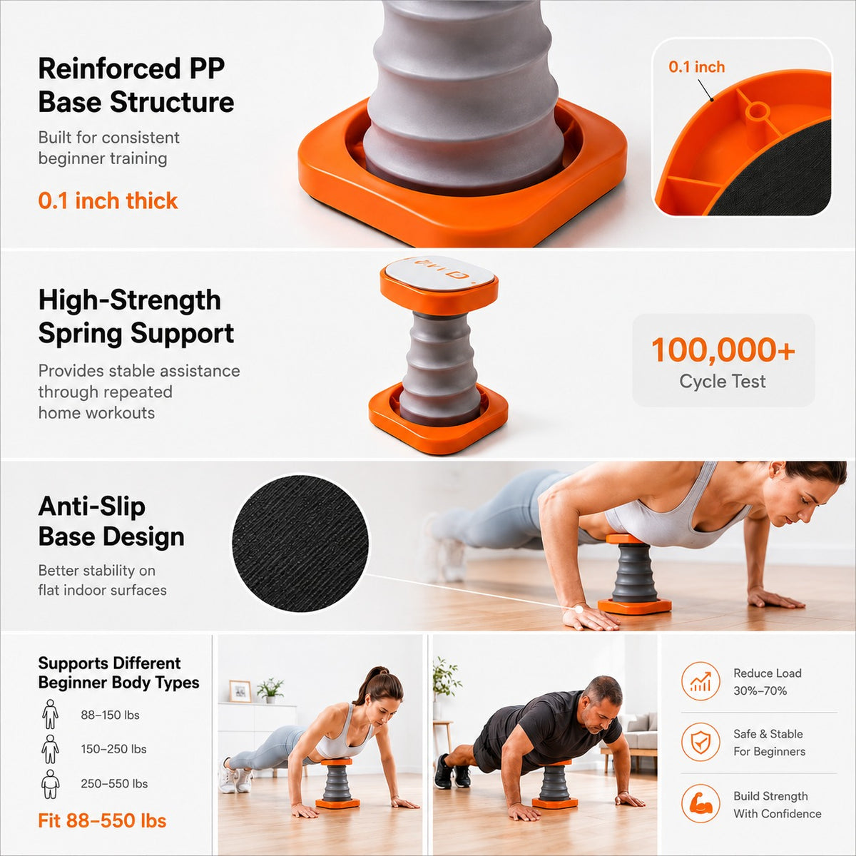 Spring-assisted push-up trainer reinforced base and support structure