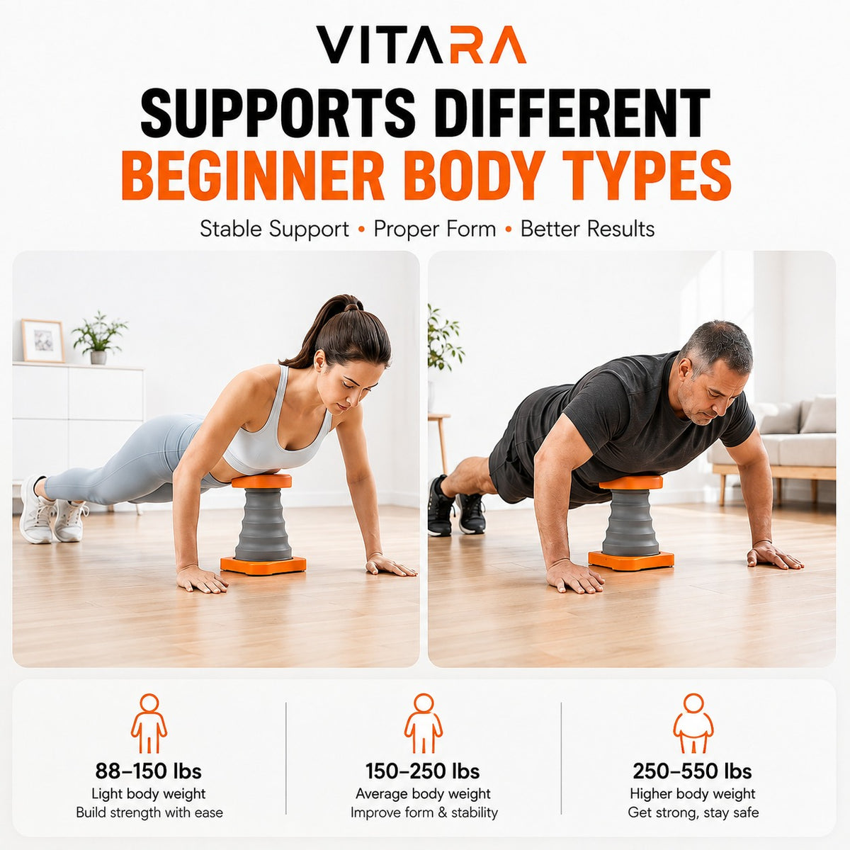 Push-up trainer supports different beginner body types